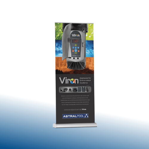 Pull-up banner displays with custom printed artwork in a plain background.