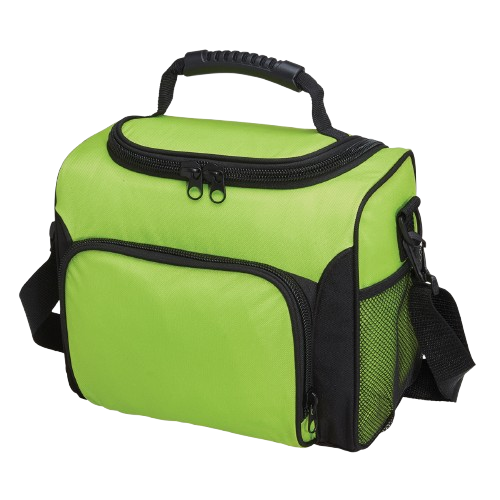 Cooler bag with yellow green colour, and a clear background.