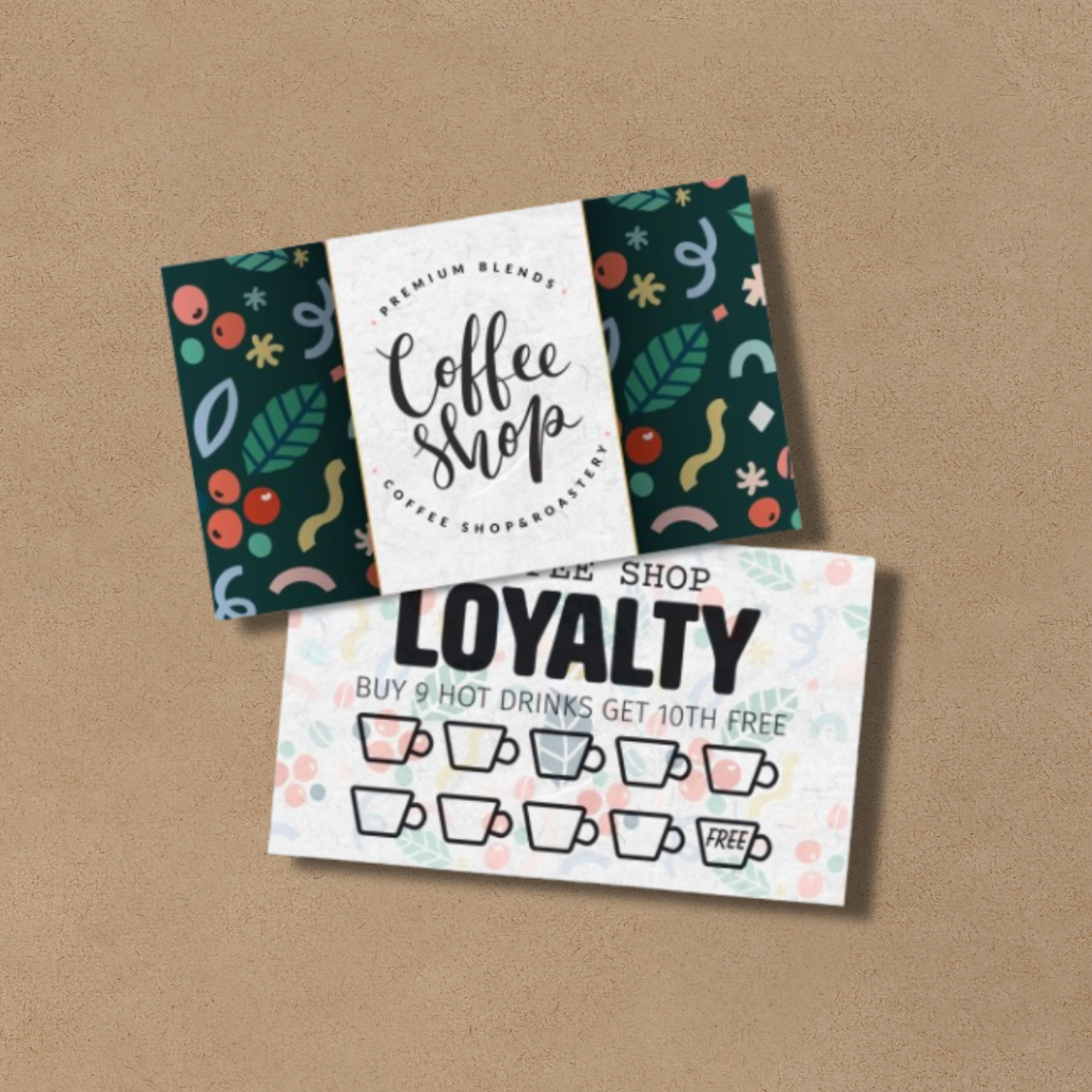 A custom print loyalty cards printed with 'coffee shop' and 'loyalty' artwork, in a plain brown background.