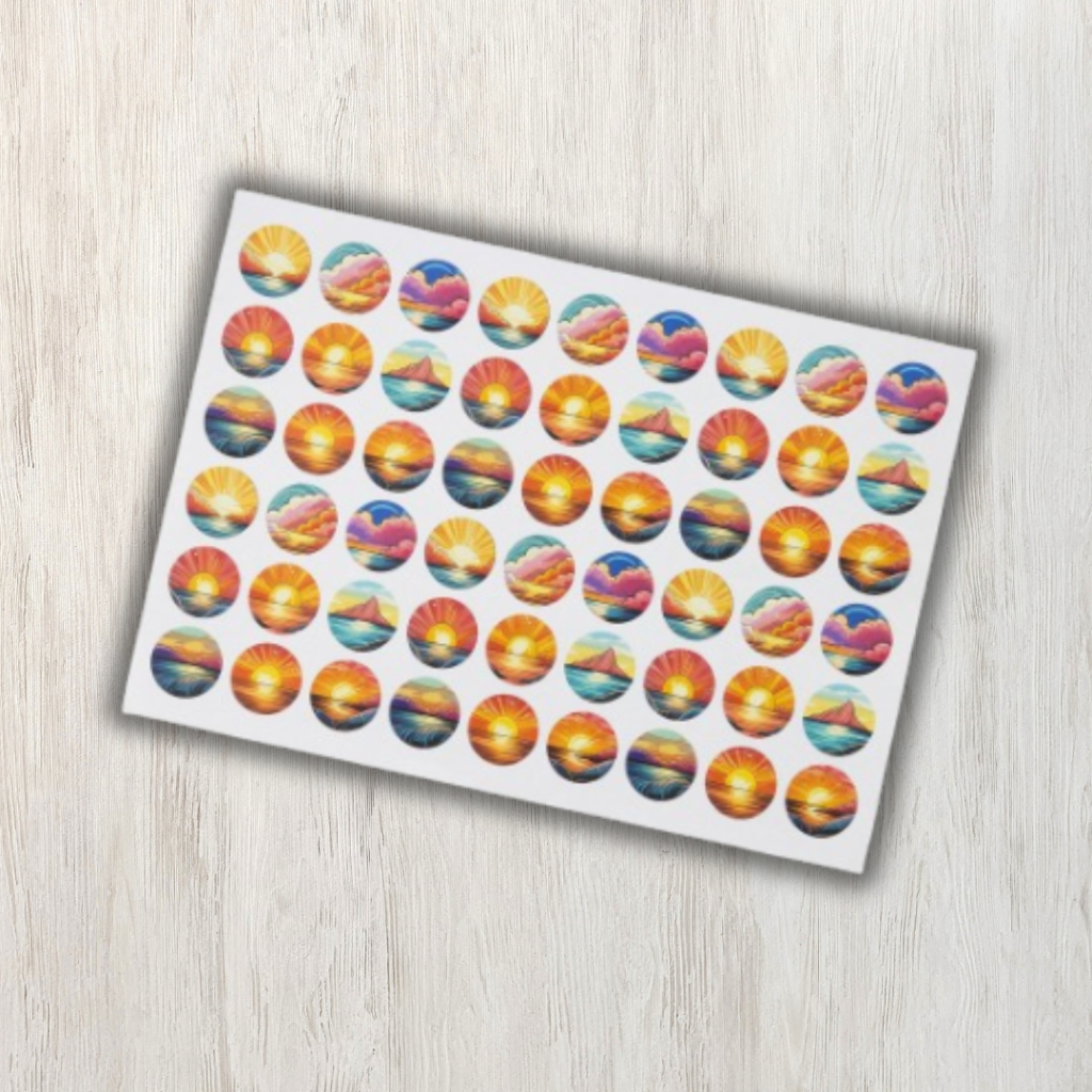 A custom printed circular stickers on a white rectangular shape, and in a subtle wooden texture background.