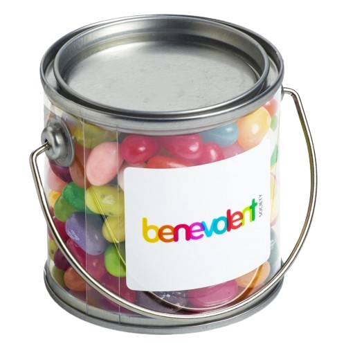 Clear mini bucket filled with colorful jelly beans and a “benevolent” logo label.