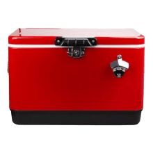 Clear backround with red coloured cooler box and silver coloured lock.