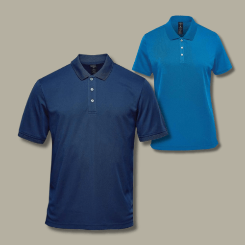 Navy blue and light blue polo in a plain gray background.