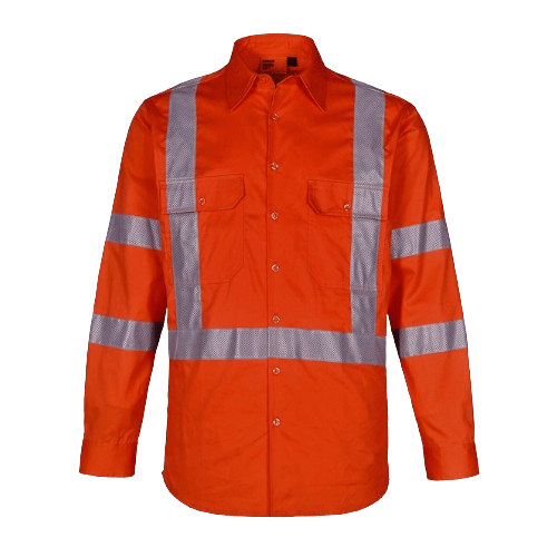 Orange long-sleeve safety shirt with silver reflective stripes on chest, back, and sleeves.