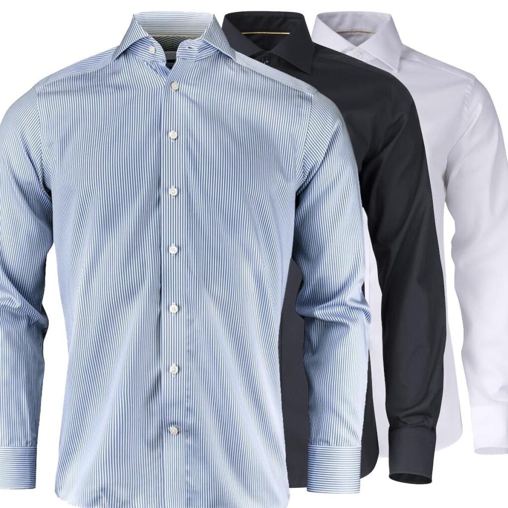 Three shirts with different color and design in a plain white background.