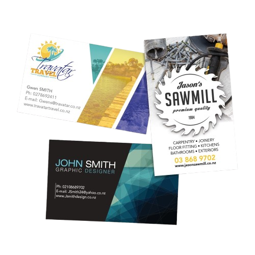 Three coloured custom printed business cards in a clear background.